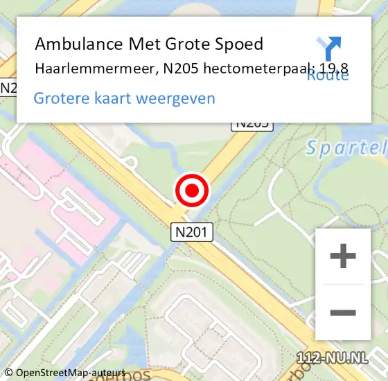 Locatie op kaart van de 112 melding: Ambulance Met Grote Spoed Naar Haarlemmermeer, N205 hectometerpaal: 19,8 op 6 augustus 2023 00:49