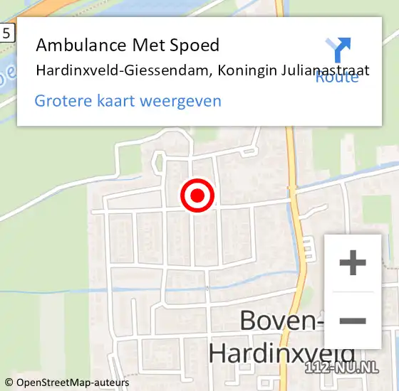 Locatie op kaart van de 112 melding: Ambulance Met Spoed Naar Hardinxveld-Giessendam, Koningin Julianastraat op 6 augustus 2023 01:25