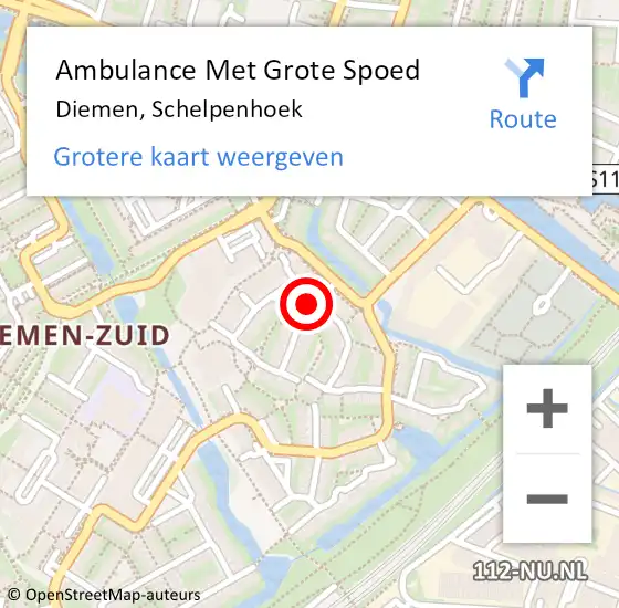 Locatie op kaart van de 112 melding: Ambulance Met Grote Spoed Naar Diemen, Schelpenhoek op 6 augustus 2023 04:25