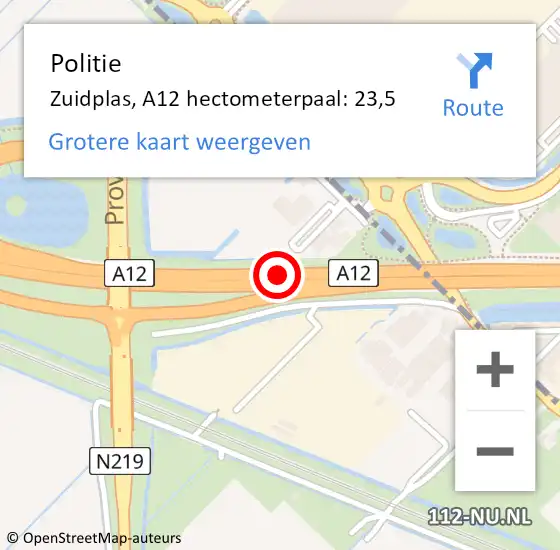 Locatie op kaart van de 112 melding: Politie Zuidplas, A12 hectometerpaal: 23,5 op 6 augustus 2023 08:28