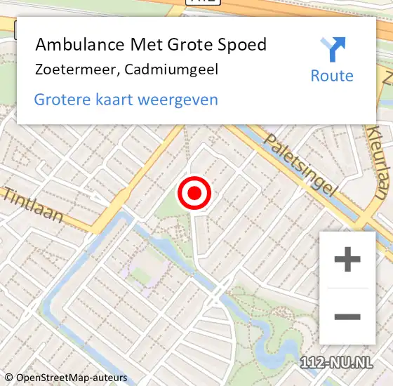 Locatie op kaart van de 112 melding: Ambulance Met Grote Spoed Naar Zoetermeer, Cadmiumgeel op 6 augustus 2023 10:23