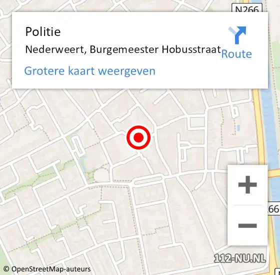 Locatie op kaart van de 112 melding: Politie Nederweert, Burgemeester Hobusstraat op 6 augustus 2023 10:54