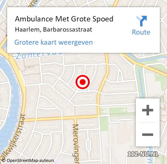 Locatie op kaart van de 112 melding: Ambulance Met Grote Spoed Naar Haarlem, Barbarossastraat op 6 augustus 2023 13:31