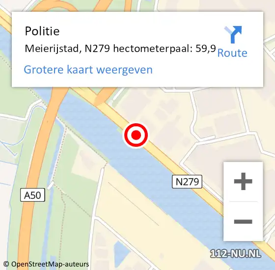 Locatie op kaart van de 112 melding: Politie Meierijstad, N279 hectometerpaal: 59,9 op 6 augustus 2023 14:28