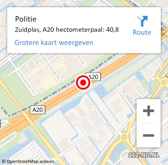 Locatie op kaart van de 112 melding: Politie Zuidplas, A20 hectometerpaal: 40,8 op 6 augustus 2023 18:27