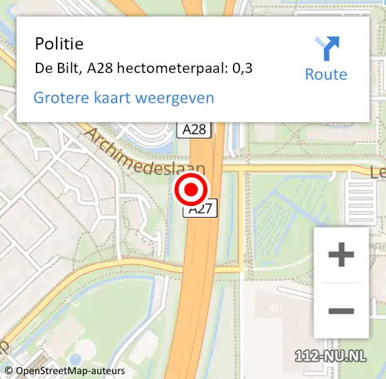 Locatie op kaart van de 112 melding: Politie De Bilt, A28 hectometerpaal: 0,3 op 6 augustus 2023 19:03