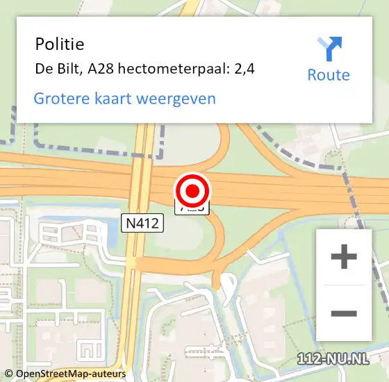 Locatie op kaart van de 112 melding: Politie De Bilt, A28 hectometerpaal: 2,4 op 6 augustus 2023 19:04