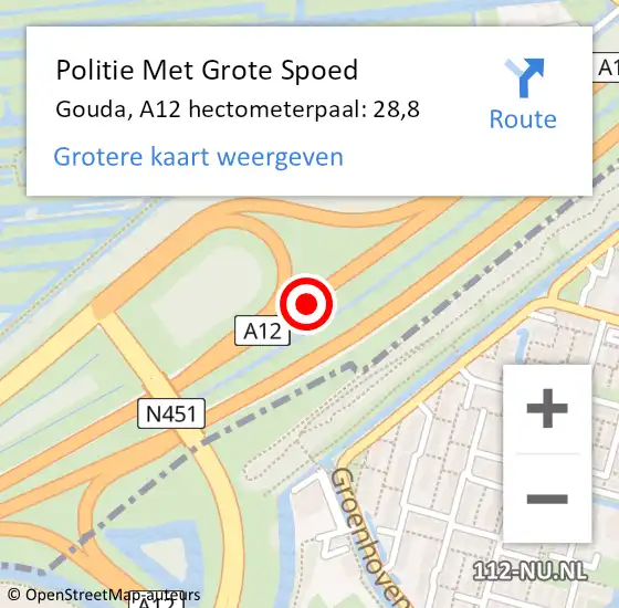 Locatie op kaart van de 112 melding: Politie Met Grote Spoed Naar Gouda, A12 hectometerpaal: 28,8 op 6 augustus 2023 20:39