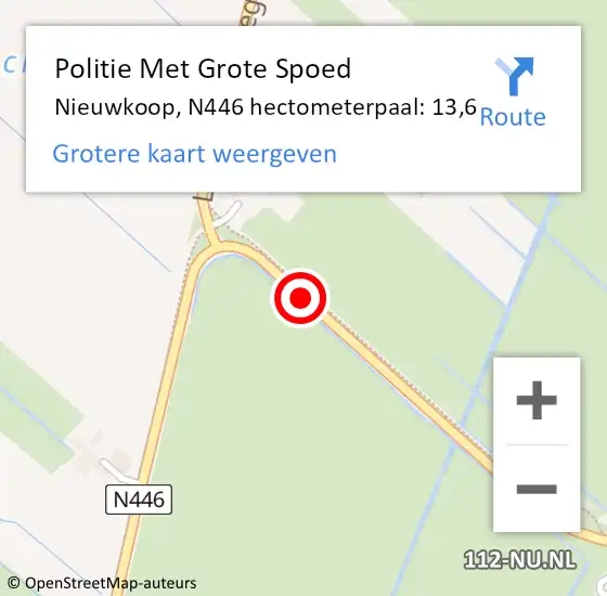 Locatie op kaart van de 112 melding: Politie Met Grote Spoed Naar Nieuwkoop, N446 hectometerpaal: 13,6 op 6 augustus 2023 21:14