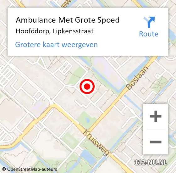 Locatie op kaart van de 112 melding: Ambulance Met Grote Spoed Naar Hoofddorp, Lipkensstraat op 6 augustus 2023 21:58