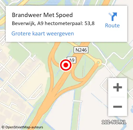 Locatie op kaart van de 112 melding: Brandweer Met Spoed Naar Beverwijk, A9 hectometerpaal: 53,8 op 6 augustus 2023 22:52