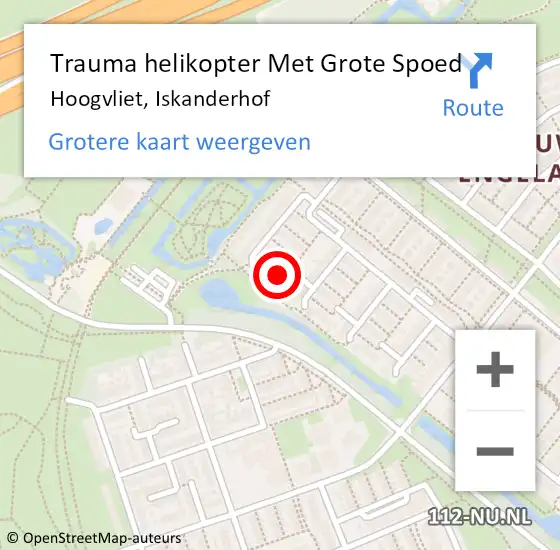 Locatie op kaart van de 112 melding: Trauma helikopter Met Grote Spoed Naar Hoogvliet, Iskanderhof op 7 augustus 2023 01:52