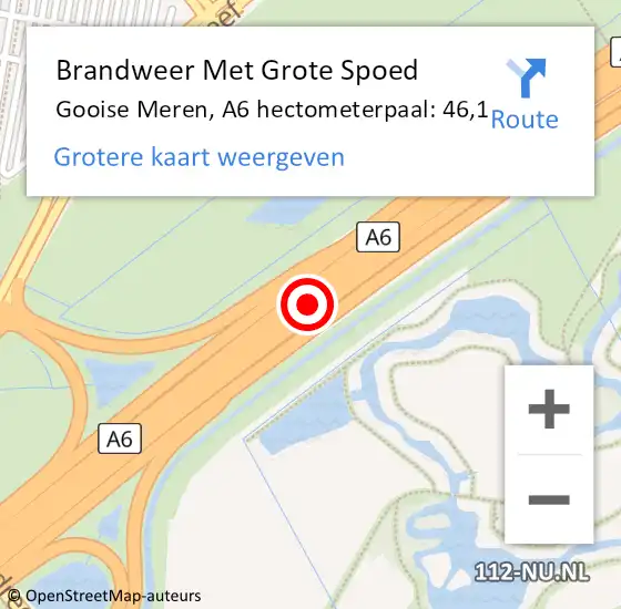 Locatie op kaart van de 112 melding: Brandweer Met Grote Spoed Naar Gooise Meren, A6 hectometerpaal: 46,1 op 7 augustus 2023 01:59