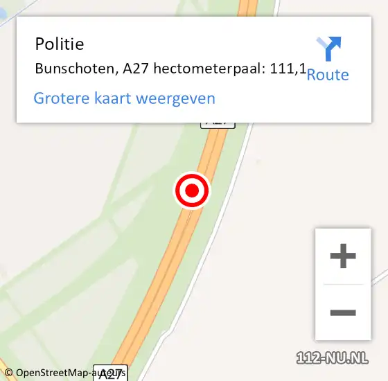 Locatie op kaart van de 112 melding: Politie Bunschoten, A27 hectometerpaal: 111,1 op 7 augustus 2023 02:19