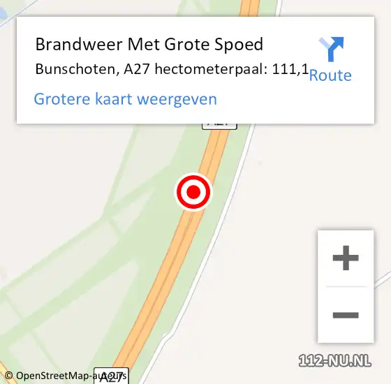 Locatie op kaart van de 112 melding: Brandweer Met Grote Spoed Naar Bunschoten, A27 hectometerpaal: 111,1 op 7 augustus 2023 02:25