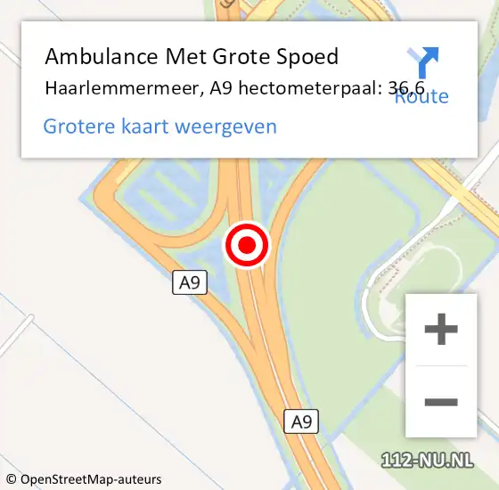 Locatie op kaart van de 112 melding: Ambulance Met Grote Spoed Naar Haarlemmermeer, A9 hectometerpaal: 36,6 op 7 augustus 2023 05:08