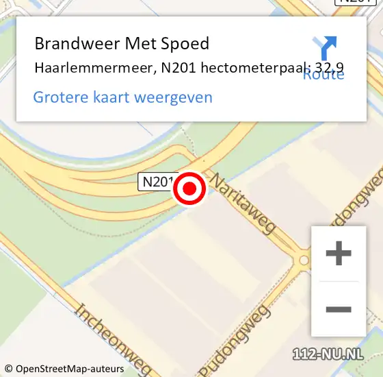 Locatie op kaart van de 112 melding: Brandweer Met Spoed Naar Haarlemmermeer, N201 hectometerpaal: 32,9 op 7 augustus 2023 05:41