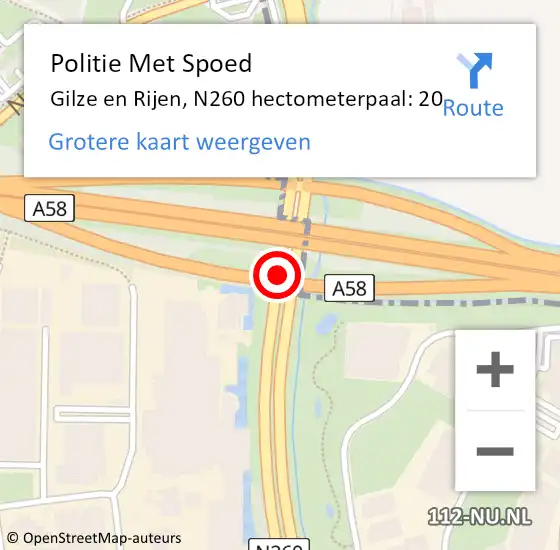 Locatie op kaart van de 112 melding: Politie Met Spoed Naar Gilze en Rijen, N260 hectometerpaal: 20 op 7 augustus 2023 08:38