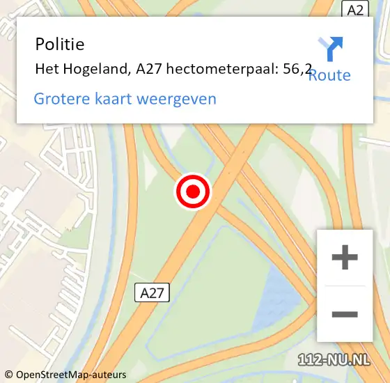 Locatie op kaart van de 112 melding: Politie Het Hogeland, A27 hectometerpaal: 56,2 op 7 augustus 2023 09:10