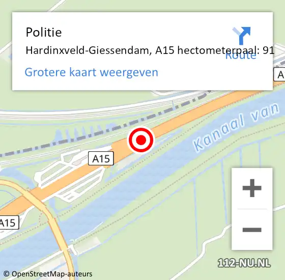 Locatie op kaart van de 112 melding: Politie Hardinxveld-Giessendam, A15 hectometerpaal: 91 op 7 augustus 2023 11:22