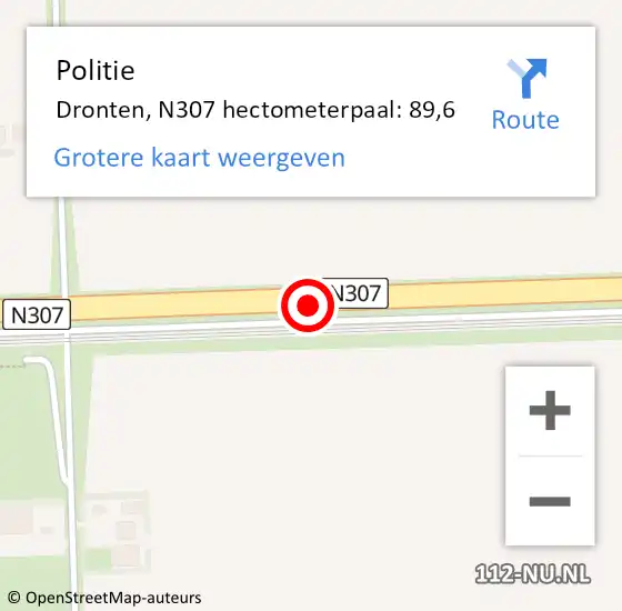 Locatie op kaart van de 112 melding: Politie Dronten, N307 hectometerpaal: 89,6 op 7 augustus 2023 13:52