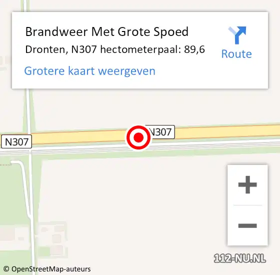 Locatie op kaart van de 112 melding: Brandweer Met Grote Spoed Naar Dronten, N307 hectometerpaal: 89,6 op 7 augustus 2023 13:53