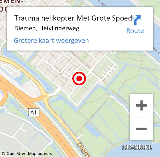 Locatie op kaart van de 112 melding: Trauma helikopter Met Grote Spoed Naar Diemen, Heivlinderweg op 7 augustus 2023 14:02