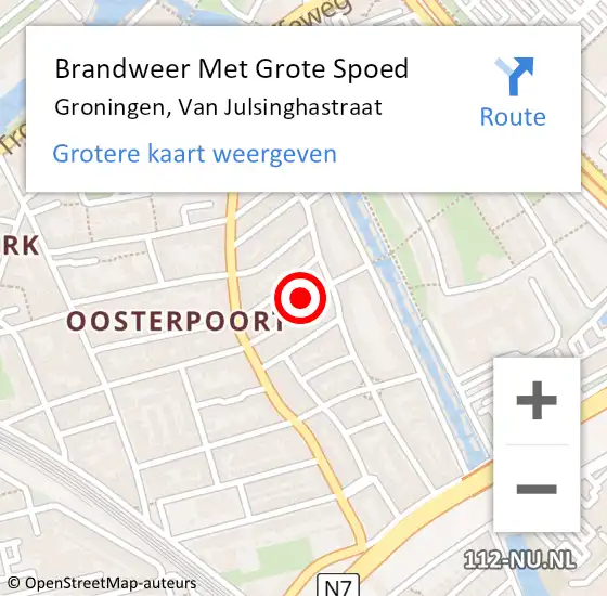 Locatie op kaart van de 112 melding: Brandweer Met Grote Spoed Naar Groningen, Van Julsinghastraat op 7 augustus 2023 15:14