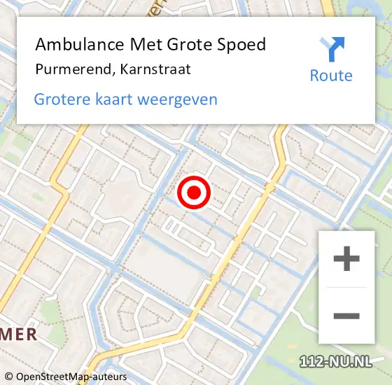 Locatie op kaart van de 112 melding: Ambulance Met Grote Spoed Naar Purmerend, Karnstraat op 7 augustus 2023 15:18