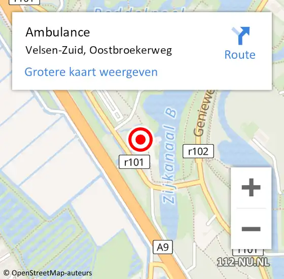 Locatie op kaart van de 112 melding: Ambulance Velsen-Zuid, Oostbroekerweg op 7 augustus 2023 16:05