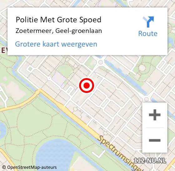 Locatie op kaart van de 112 melding: Politie Met Grote Spoed Naar Zoetermeer, Geel-groenlaan op 7 augustus 2023 17:46