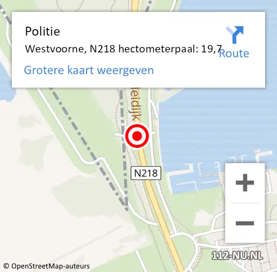 Locatie op kaart van de 112 melding: Politie Westvoorne, N218 hectometerpaal: 19,7 op 7 augustus 2023 18:17