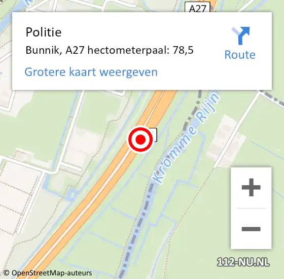 Locatie op kaart van de 112 melding: Politie Bunnik, A27 hectometerpaal: 78,5 op 7 augustus 2023 18:36
