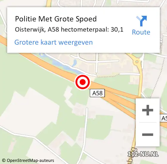 Locatie op kaart van de 112 melding: Politie Met Grote Spoed Naar Oisterwijk, A58 hectometerpaal: 30,1 op 7 augustus 2023 19:10