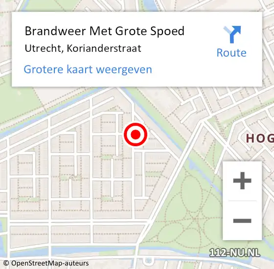 Locatie op kaart van de 112 melding: Brandweer Met Grote Spoed Naar Utrecht, Korianderstraat op 7 augustus 2023 19:26