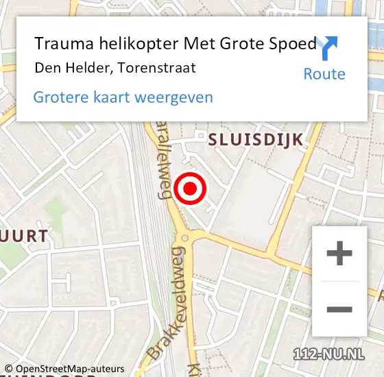 Locatie op kaart van de 112 melding: Trauma helikopter Met Grote Spoed Naar Den Helder, Torenstraat op 7 augustus 2023 21:23