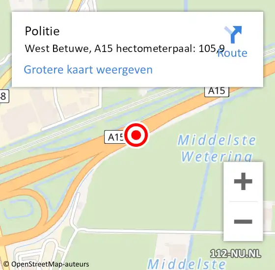 Locatie op kaart van de 112 melding: Politie West Betuwe, A15 hectometerpaal: 105,9 op 8 augustus 2023 00:43