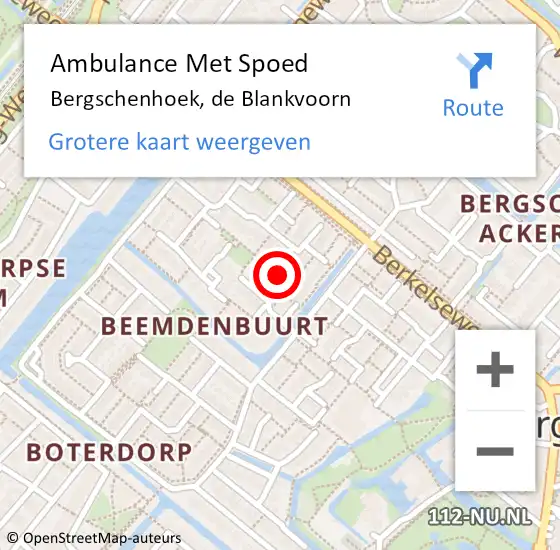 Locatie op kaart van de 112 melding: Ambulance Met Spoed Naar Bergschenhoek, de Blankvoorn op 8 augustus 2023 01:30
