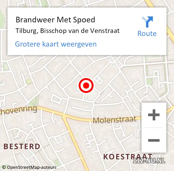 Locatie op kaart van de 112 melding: Brandweer Met Spoed Naar Tilburg, Bisschop van de Venstraat op 8 augustus 2023 09:04