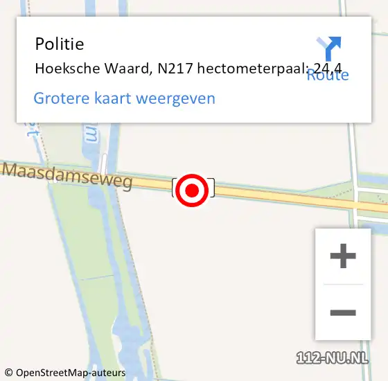 Locatie op kaart van de 112 melding: Politie Hoeksche Waard, N217 hectometerpaal: 24,4 op 8 augustus 2023 11:12