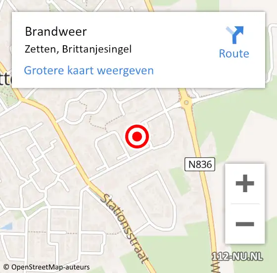 Locatie op kaart van de 112 melding: Brandweer Zetten, Brittanjesingel op 8 augustus 2023 13:27