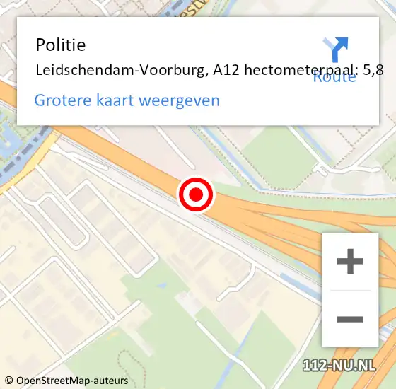 Locatie op kaart van de 112 melding: Politie Leidschendam-Voorburg, A12 hectometerpaal: 5,8 op 8 augustus 2023 14:04