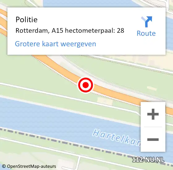 Locatie op kaart van de 112 melding: Politie Rotterdam, A15 hectometerpaal: 28 op 8 augustus 2023 14:59