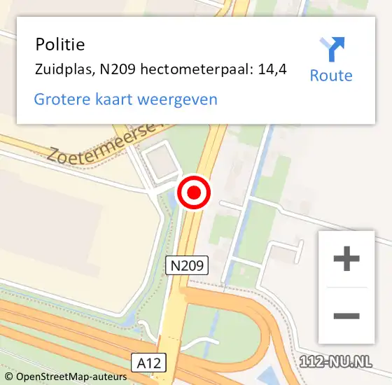 Locatie op kaart van de 112 melding: Politie Zuidplas, N209 hectometerpaal: 14,4 op 8 augustus 2023 16:13