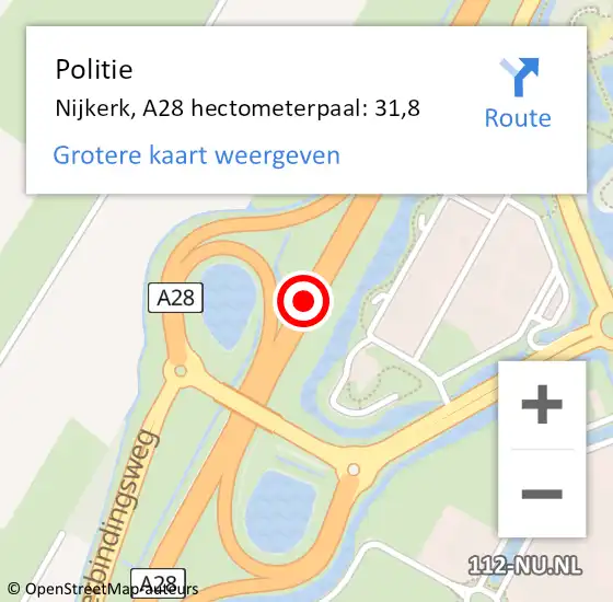 Locatie op kaart van de 112 melding: Politie Nijkerk, A28 hectometerpaal: 31,8 op 8 augustus 2023 17:17