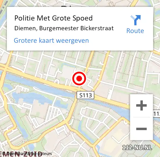 Locatie op kaart van de 112 melding: Politie Met Grote Spoed Naar Diemen, Burgemeester Bickerstraat op 8 augustus 2023 18:14