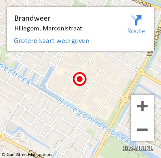 Locatie op kaart van de 112 melding: Brandweer Hillegom, Marconistraat op 8 augustus 2023 20:16