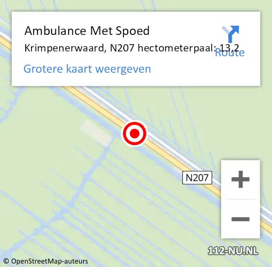 Locatie op kaart van de 112 melding: Ambulance Met Spoed Naar Krimpenerwaard, N207 hectometerpaal: 13,2 op 8 augustus 2023 21:02