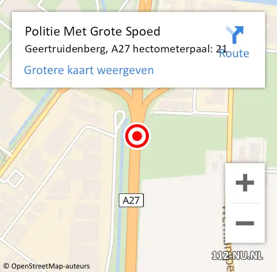 Locatie op kaart van de 112 melding: Politie Met Grote Spoed Naar Geertruidenberg, A27 hectometerpaal: 21 op 8 augustus 2023 23:38