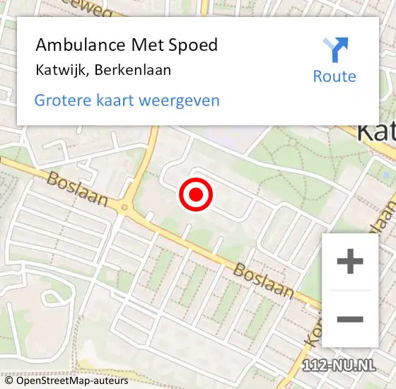 Locatie op kaart van de 112 melding: Ambulance Met Spoed Naar Katwijk, Berkenlaan op 9 augustus 2023 06:04